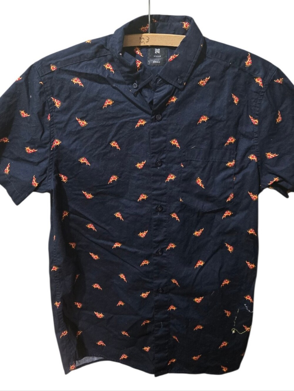 Visive Pizza Print Button-Up Shirt Men's Small Navy Short Sleeve